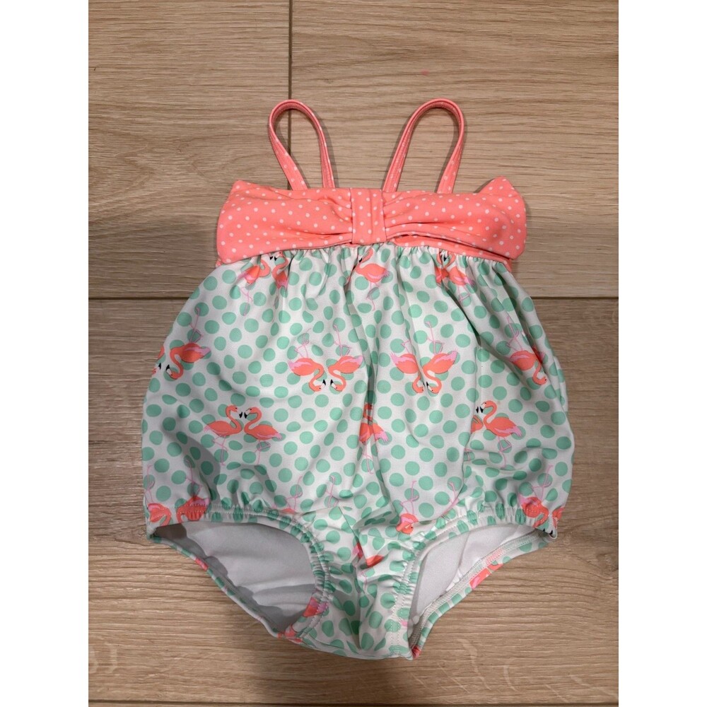 Baby Girl Flamingo Swimsuit Bubble 3-6M Pink Mint Polka Dot Ruffle